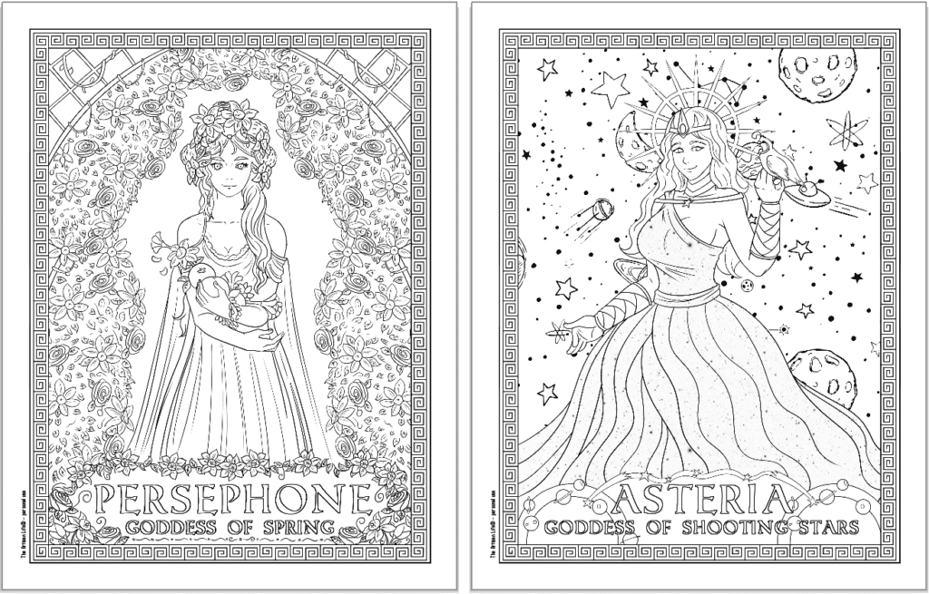 Two Greek goddess coloring pages. Each page has a Greek key border and the goddess's name. Pages show: Persephone and Asteria