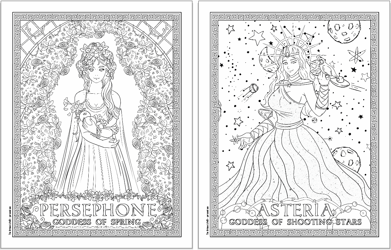 Two Greek goddess coloring pages. Each page has a Greek key border and the goddess's name. Pages show: Persephone and Asteria