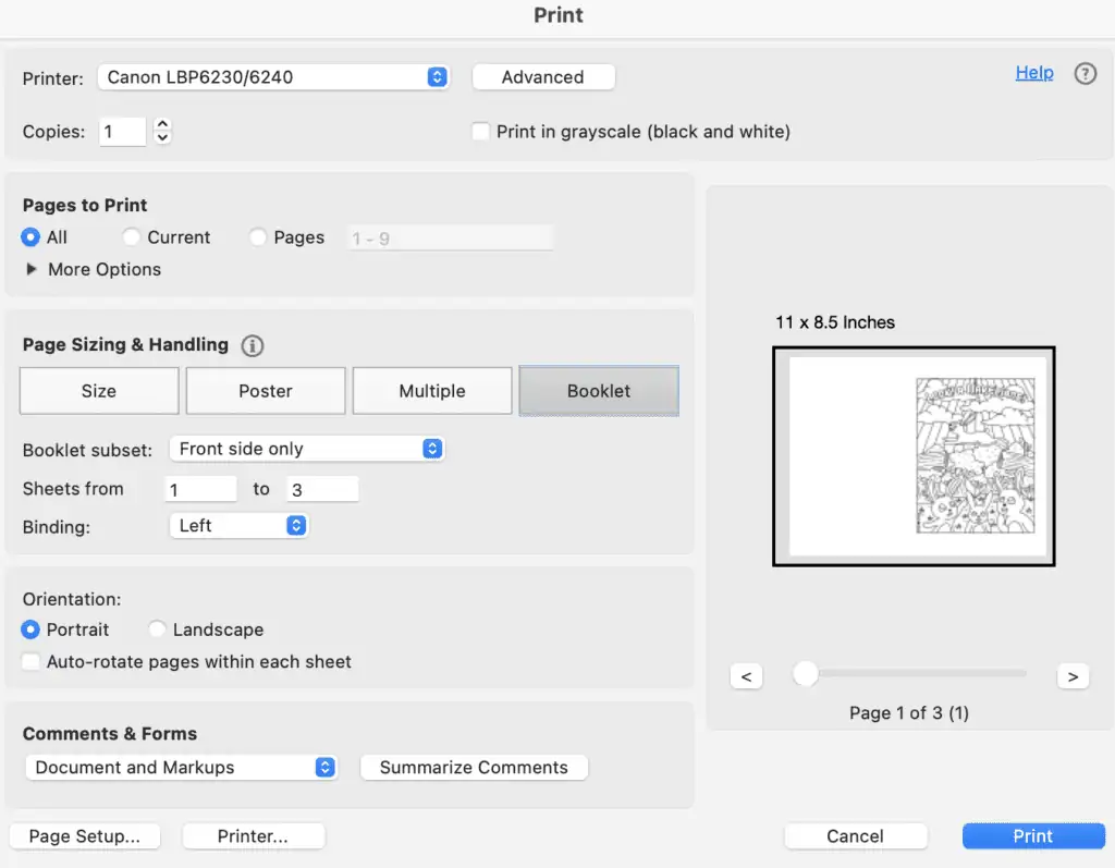 A print preview dialogue box showing how to use a coloring page to print your own Easter card.