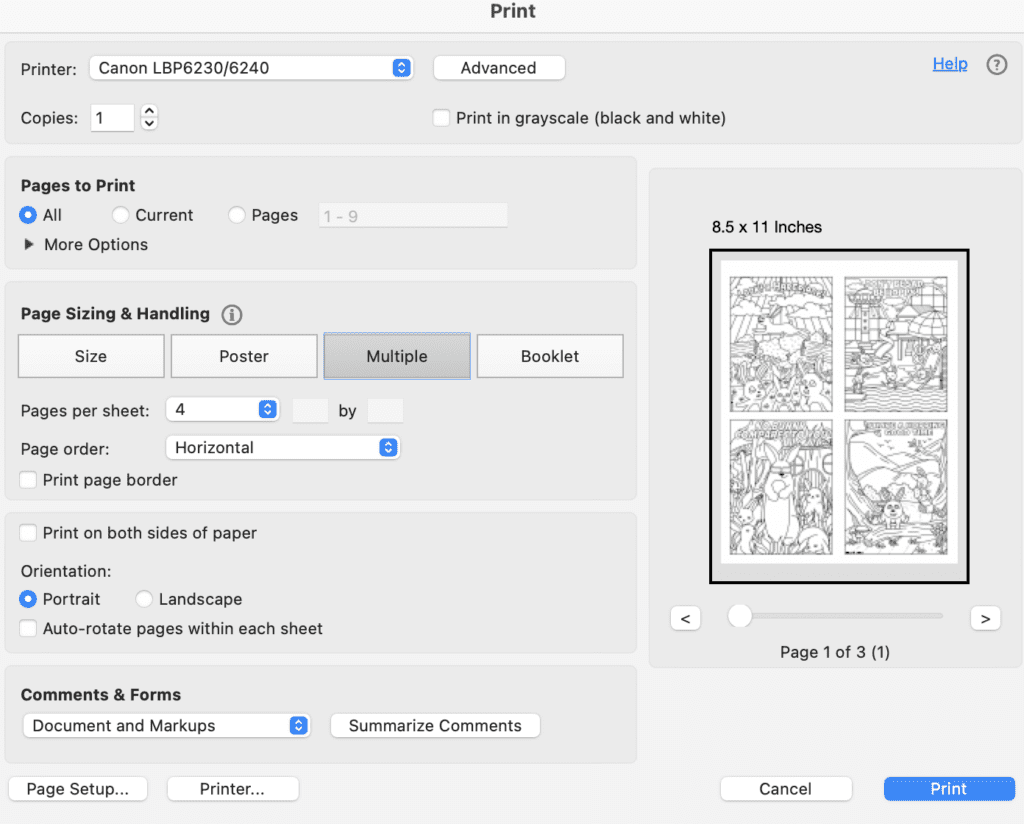 A print preview box showing how to print bunny coloring pages as postcards