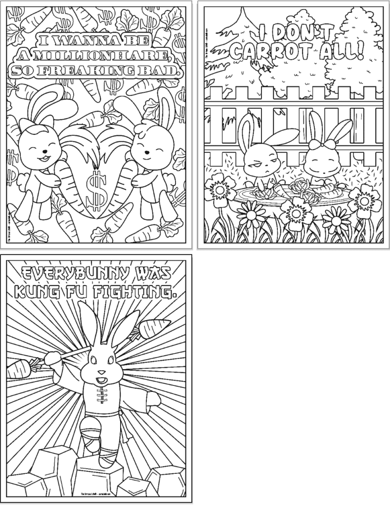 A preview of three bunny pun coloring pages