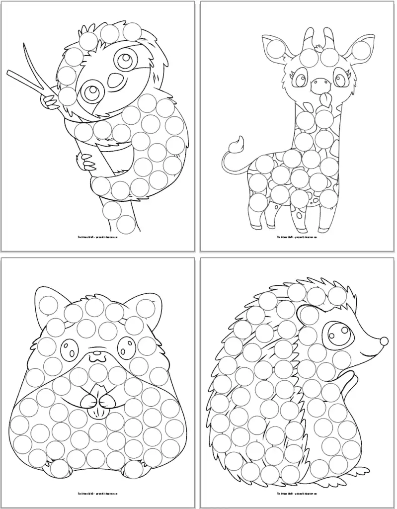 Black and white dot marker pages with: a sloth, a giraffe, a hamster, and a hedgehog 