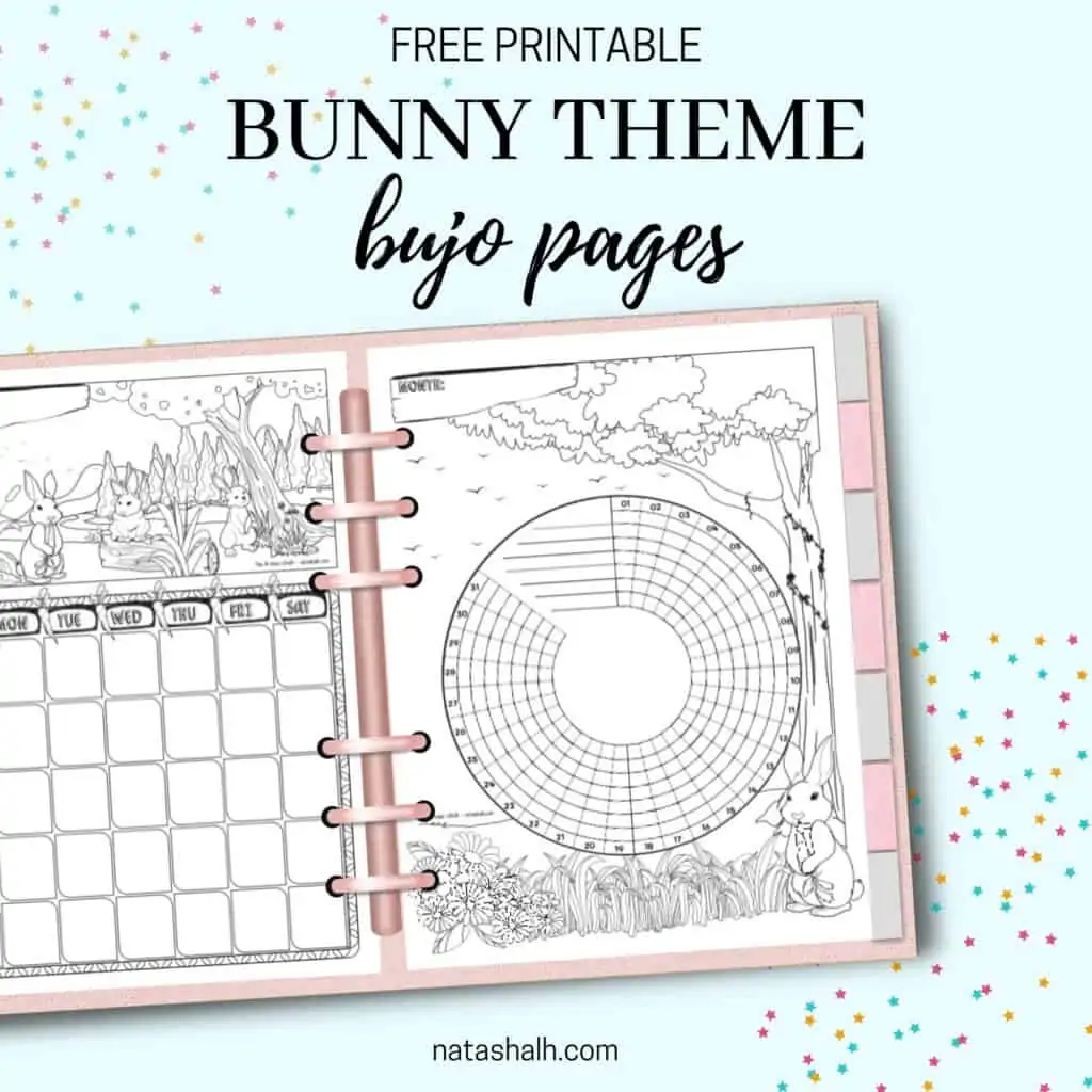 A lockup of a planner with a bunny themed habit tracker and bunny themed monthly calendar. The image has the caption "free printable bunny theme bujo pages"