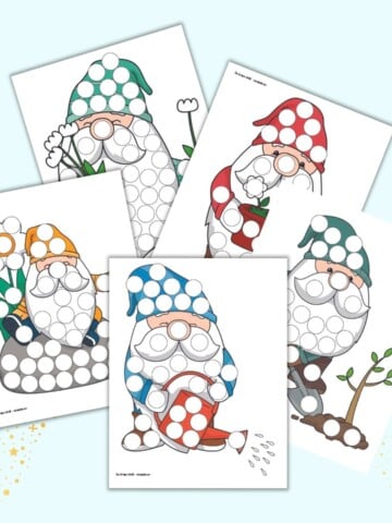 A preview of five spring garden gnome themed dot marker coloring pages
