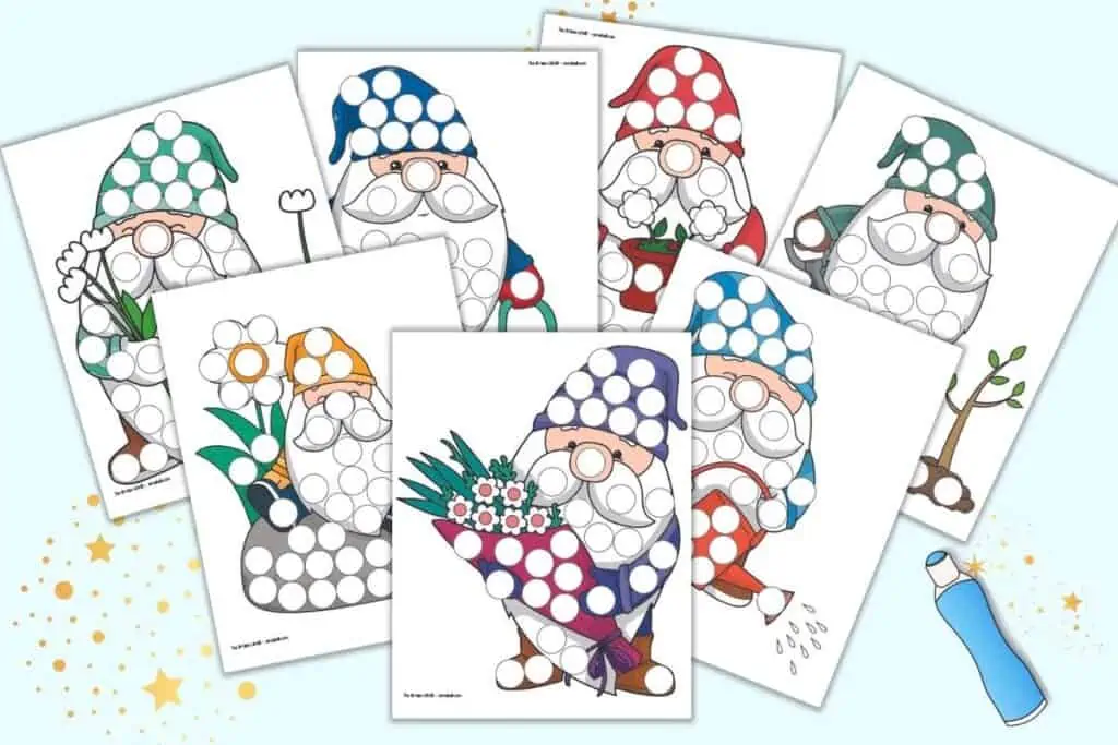 A preview of seven printable spring garden gnome themed dot marker pages. Each page has a gnome watering, with flowers, or planting. The gnomes re covered in white circles to fill in with a dot dauber marker.