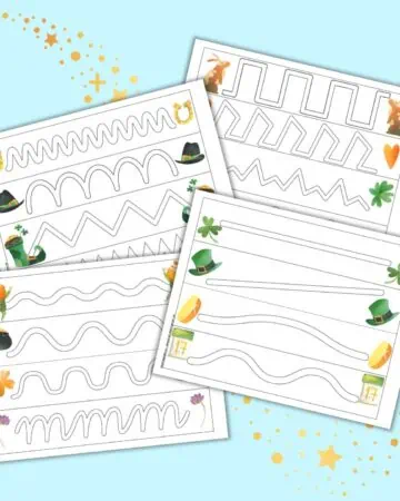 A preview of four preschool prewriting practice pageS with four broad paths on each page to trace and St. Patrick's Day clipart. The pages are on a light blue background