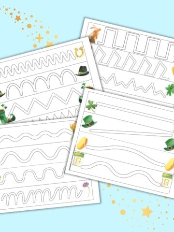 A preview of four preschool prewriting practice pageS with four broad paths on each page to trace and St. Patrick's Day clipart. The pages are on a light blue background