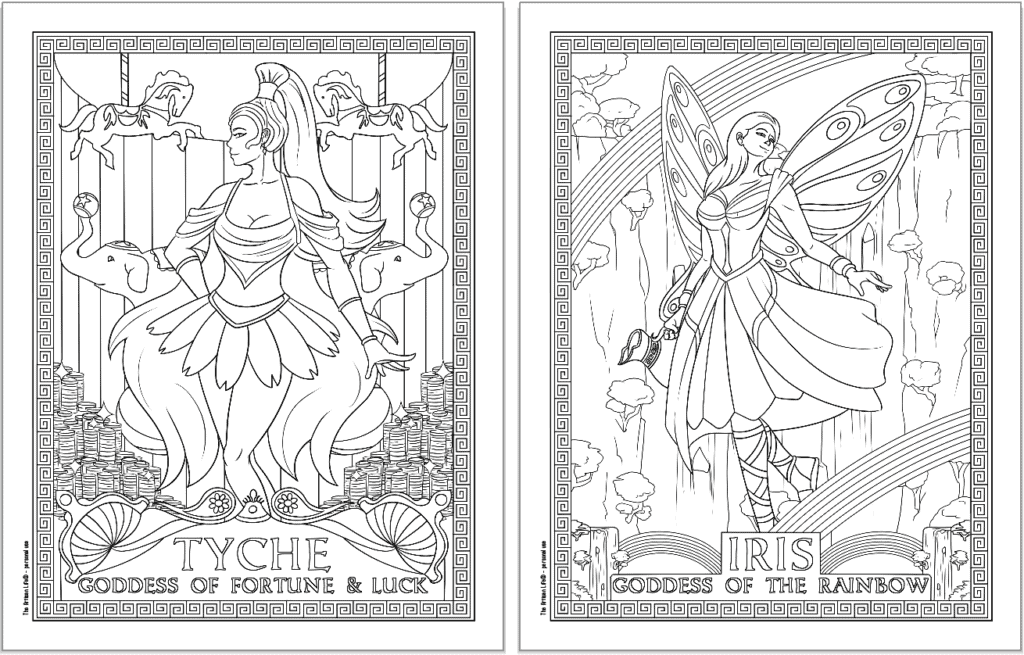 Two Greek goddess coloring pages. Each page has a Greek key border and the goddess's name. Pages show: Tyche and Iris