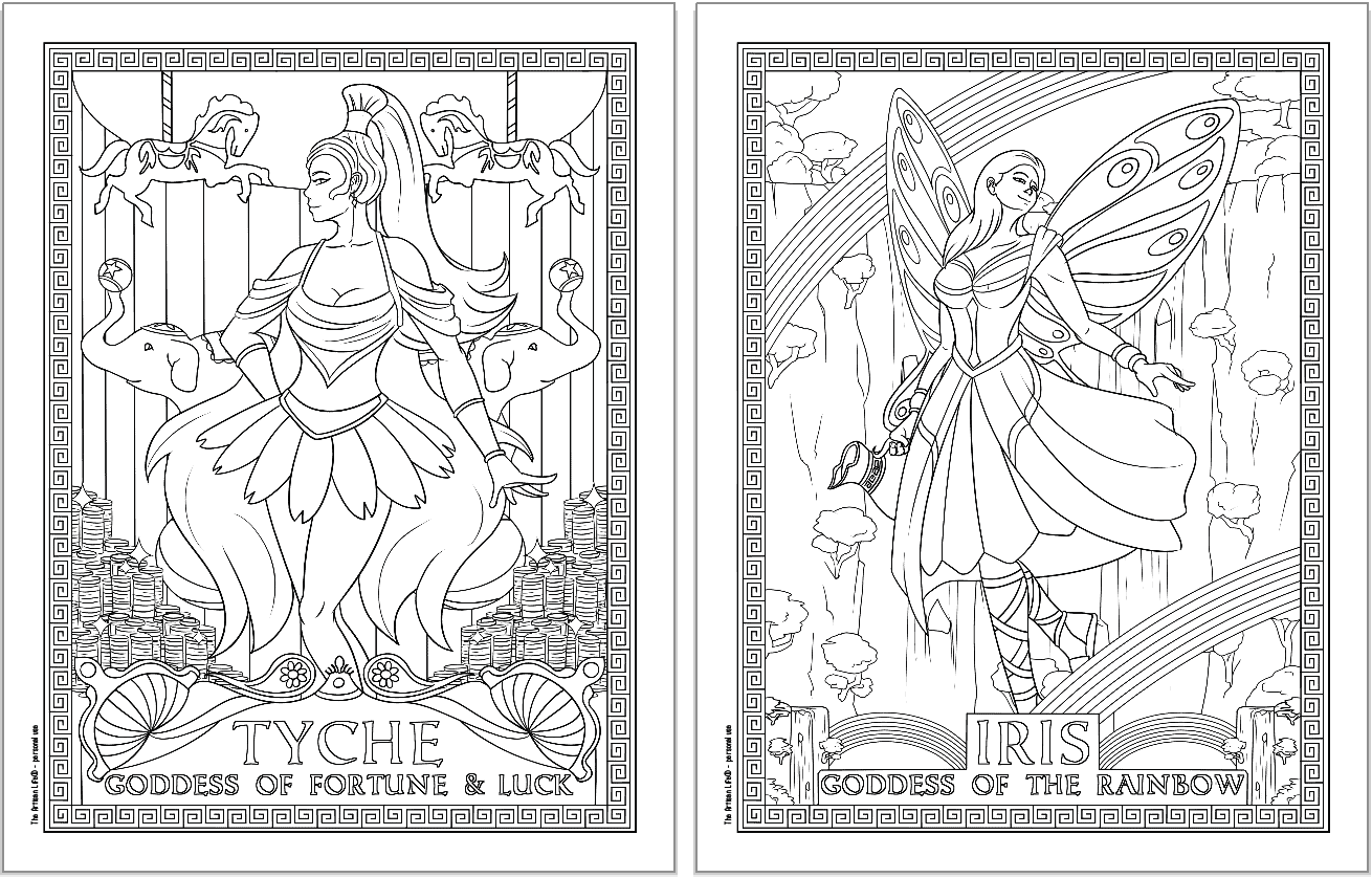 Two Greek goddess coloring pages. Each page has a Greek key border and the goddess's name. Pages show: Tyche and Iris