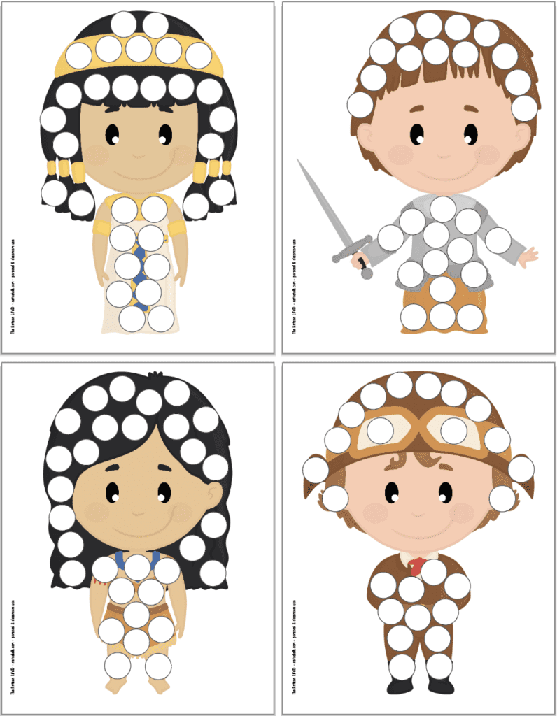 A preview of four printable dot marker coloring pages for women's history month. Women include: Cleopatra, Joan of Arc, Pocahontas, and Amelia Earhart