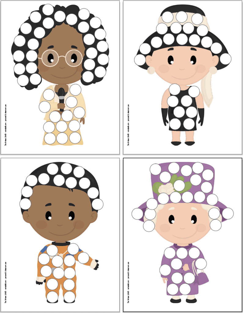 A preview of four printable dot marker coloring pages for women's history month. Women include: Shirley Chisholm, Audrey Hepburn, Mai Jemison and Queen Elizabeth II