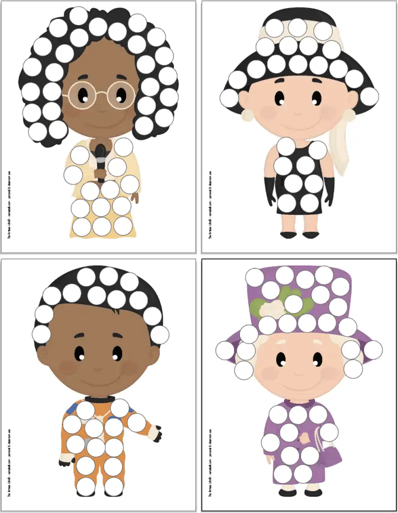 A preview of four printable dot marker coloring pages for women's history month. Women include: Shirley Chisholm, Audrey Hepburn, Mai Jemison and Queen Elizabeth II