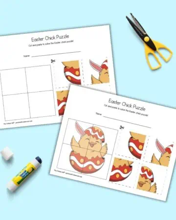 A preview of two sheets of four part puzzle for preschoolers. Both pages have a cute Eater chick hatching from an egg.