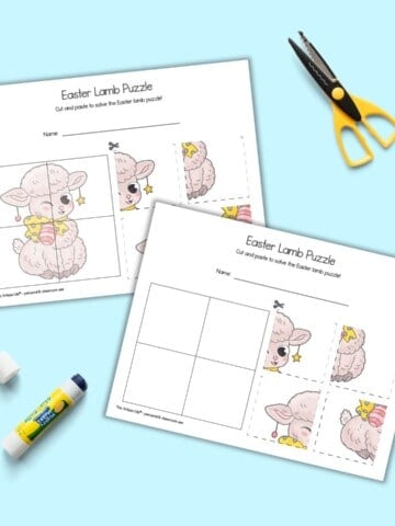 A preview of two printable cut and paste four part puzzles with an easter lamb.
