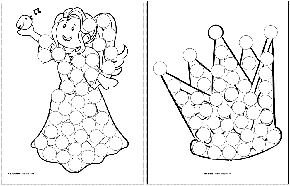 Two dot marker coloring pages. One has a princess holding a singing bird and the other has a crown.