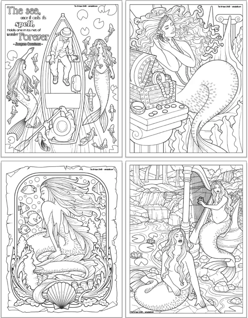A preview of four printable vintage mermaid coloring sheets. One hast ehe quotation "The sea, once it casts its spell, holds one in its net of wonder forever." One page has a mermaid next to a treasure chest, another page has a mermaid with fish, and the fourth page has a mermaid playing a harp while another sings.