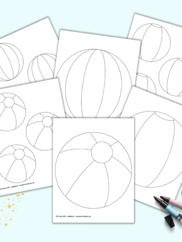 A preview of six printable beach ball templates. There are three different designs shown in two sizes apiece.