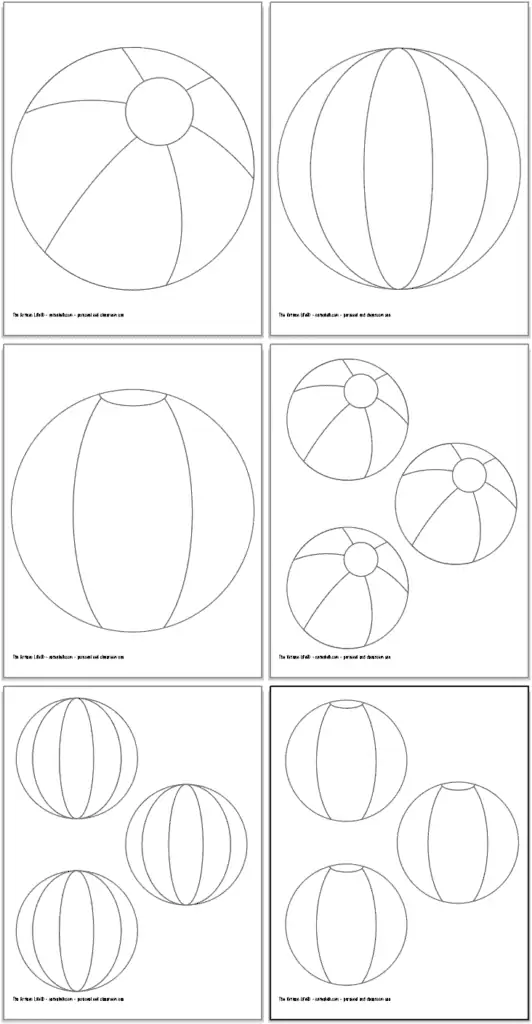 A preview of six printable beach ball templates. There are three 8" balls in different designs and three pages with 3 4" balls apiece.