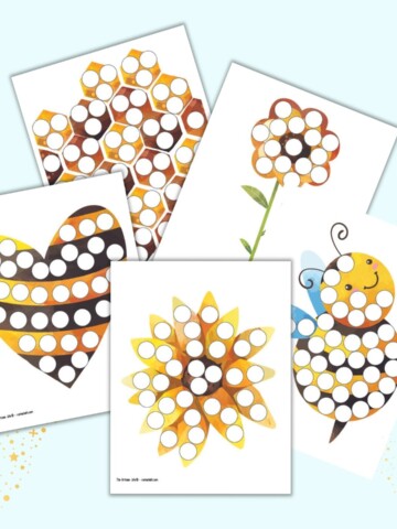 A preview of five colorful bee themed dab it marker printables on a light blue background