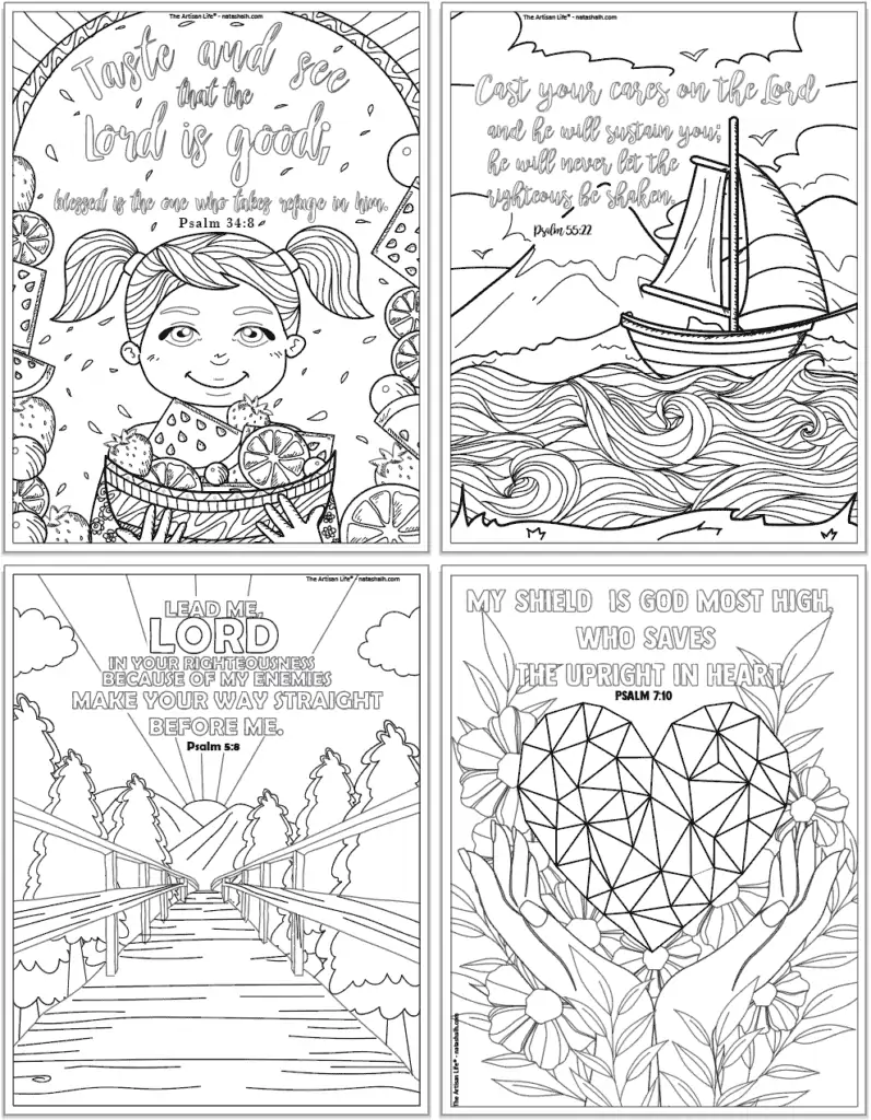 Four Psalms coloring pages. Pslams include: 34:8, 55:22, 5:8, and 7:10