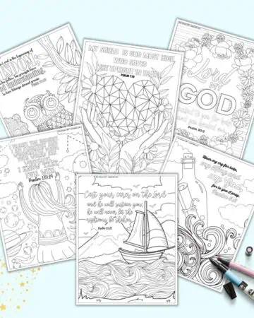 A preview of seven printable Bible Psalms coloring pages for adults. Each page has an image to color and a Bible quotation from the Book of Psalms.