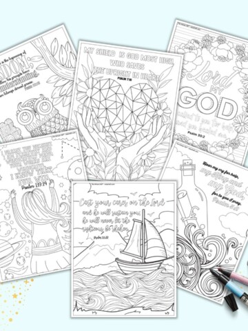 A preview of seven printable Bible Psalms coloring pages for adults. Each page has an image to color and a Bible quotation from the Book of Psalms.