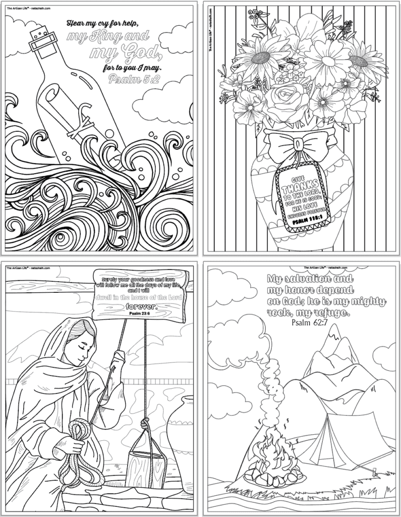 Four Psalms coloring pages. Pslams include: 5:2, 338:3, 23:6, and 62:7