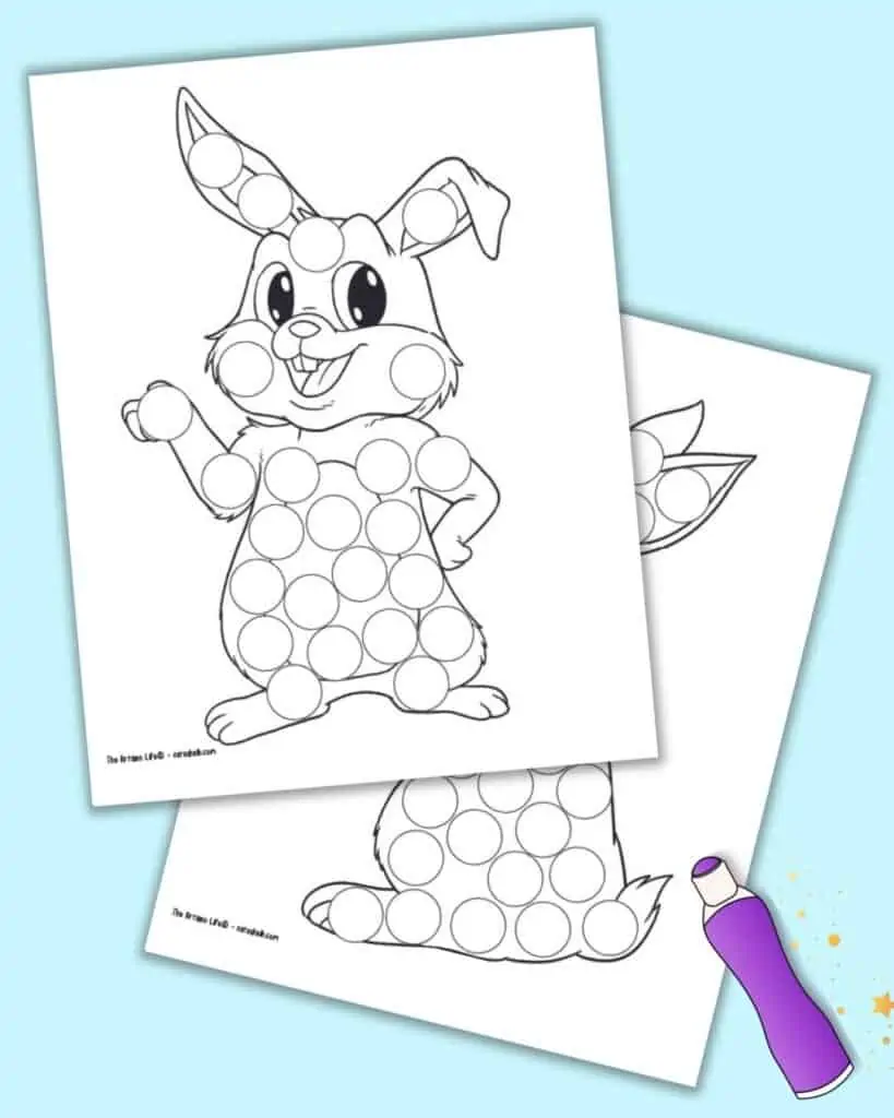 A preview of two cute bunny dot marker coloring sheets. Each page has a large bunny with circles to dot in using a marker. The images are shown with a cartoon illustrations of a purple dauber marker.