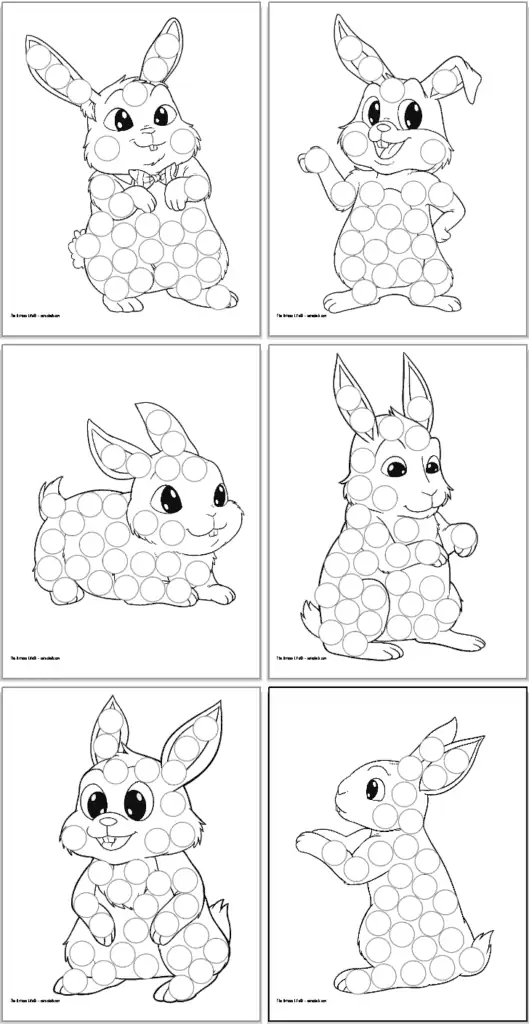 A preview of six black and white dot marker coloring pages with bunnies. Each page has a cute bunny with circles to dot in with dauber markers.
