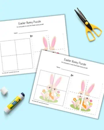 A preview of two cut and paste Easter bunny puzzles with four pieces. One page has a hint image in the background of the solutions area, the other area just has four puzzle pieces to cut out and place on bank grid. The pages are shown with a glue stick and a pair of scissors