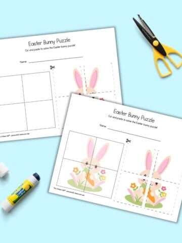 A preview of two cut and paste Easter bunny puzzles with four pieces. One page has a hint image in the background of the solutions area, the other area just has four puzzle pieces to cut out and place on bank grid. The pages are shown with a glue stick and a pair of scissors