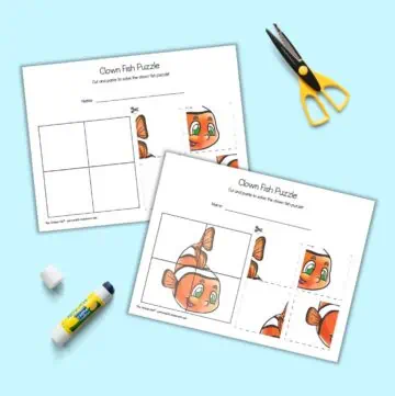 A preview of two pages of printable clownfish four part puzzle. Each puzzle has four pieces to cut and paste to make a clown fish. One puzzle has a hint image showing the solution, the other puzzle has a blank solution grid. The pages are on a light blue background with a glue stick and pair of scissors