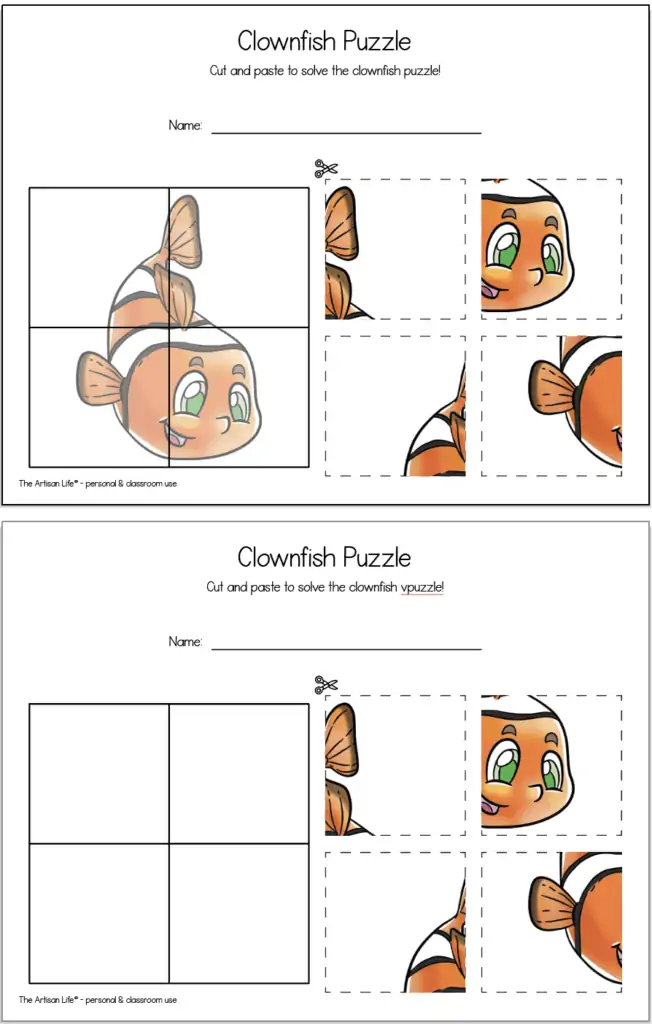 Two pages of printable clownfish puzzle. The puzzle on top has a solution hint image and the puzzle below has a blank solution area. Both puzzles have four pieces to cut and paste.