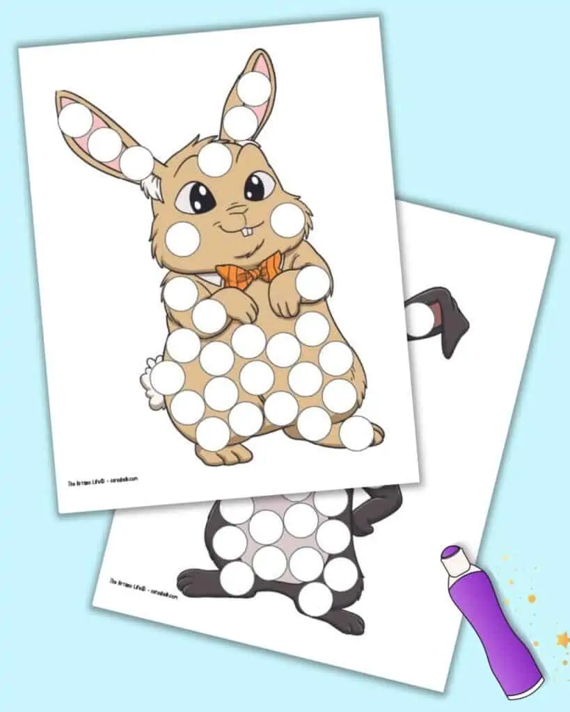 A preview of two colorful bunny dot marker pages. The bunny in front is tan and wearing a boy tie. The bunny behind is dark grey. Both have large white circles to dot with a marker.