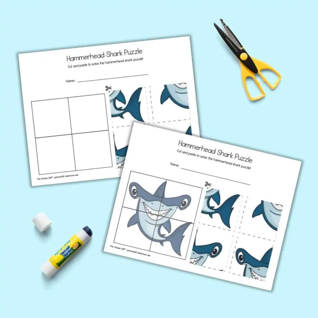 A preview of two pages of hammerhead shark cut and paste puzzle. Both puzzles have 4 pieces to cut and paste. One puzzle has a hint image in the solutions box, the other page does not have a hint image.