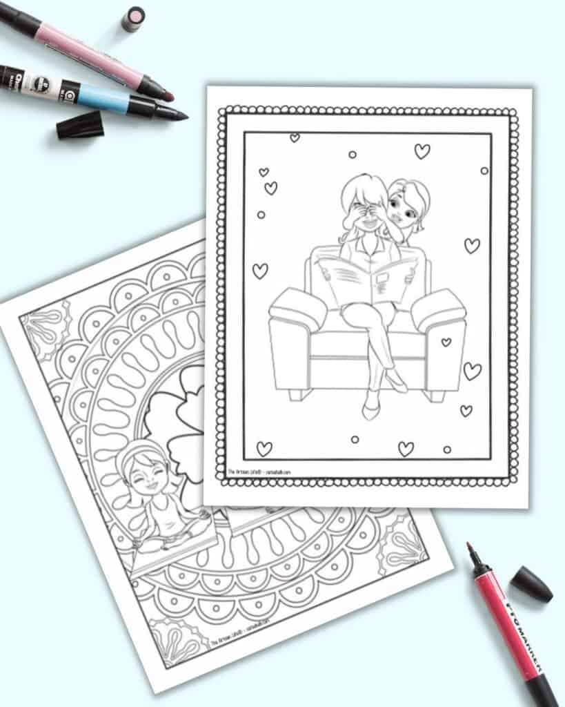 A preview of two mom adn child coloring pages. One has a girl coming up behind a mom reading on a chair and the other has a mom and daughter doing yoga together.