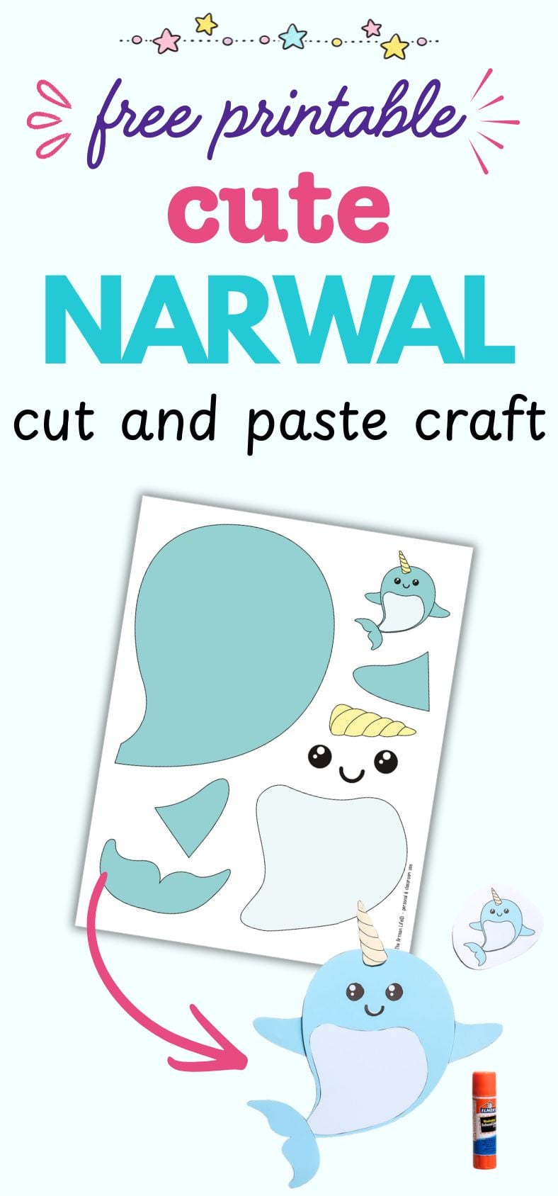 text "free printable cute narwal cut and paste craft" with an image of printable craft and the completed craft