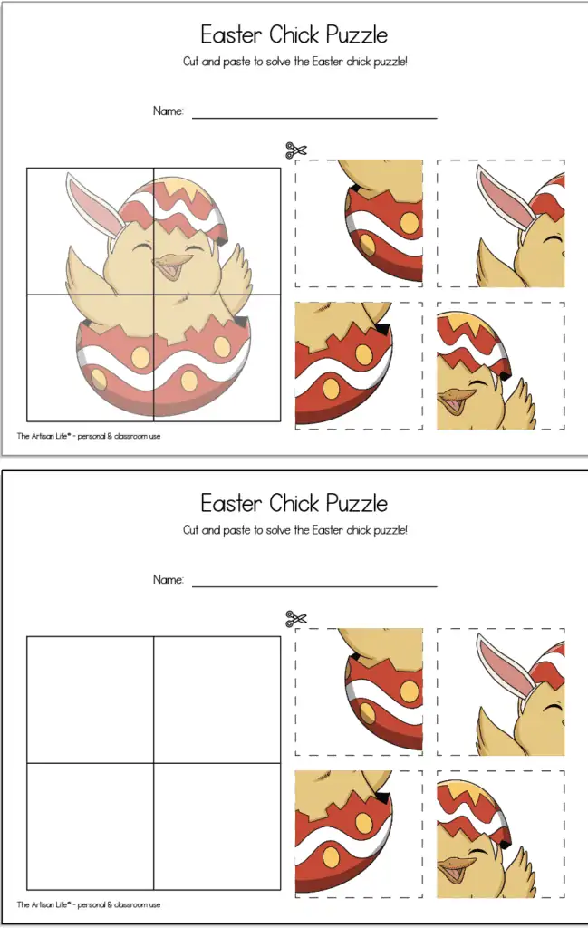 A preview of two cut and paste four piece puzzles with a cute Easter chick hatching from an egg