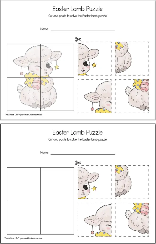 A preview of two cut and paste Easter lamb puzzles with four pieces.