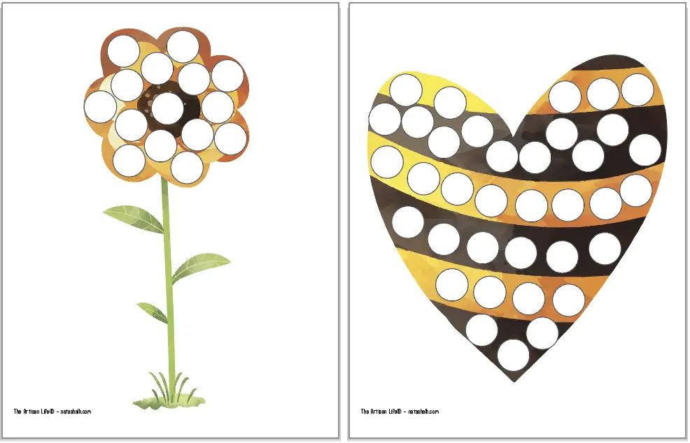 A preview of two colorful dot marker pages. One has a flower and the other has a heart with bee stripes.