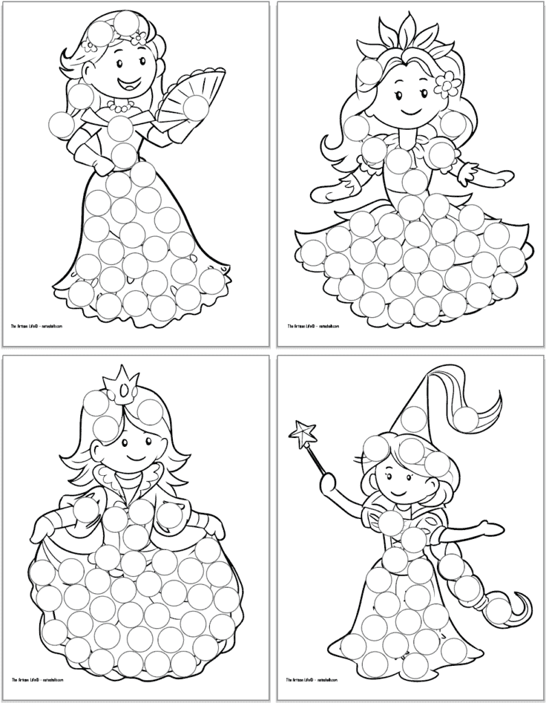 A preview of four printable black and white dot marker coloring pages with a priciness on each page. One is holding a fan, one has a crown with leaves, one has a small crow, and the last has a star-shaped wand.