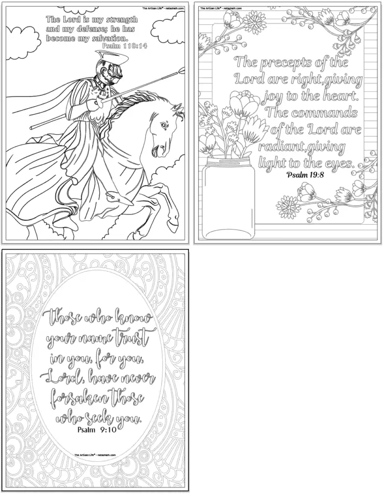 Three Psalms coloring pages. Pslams include: 118:14, 19:8, and 9:10