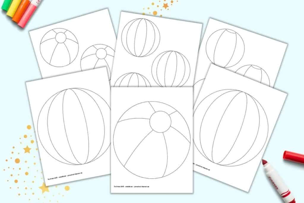 A preview of six pages of beach ball template printable. There are three different designs in two sizes each.