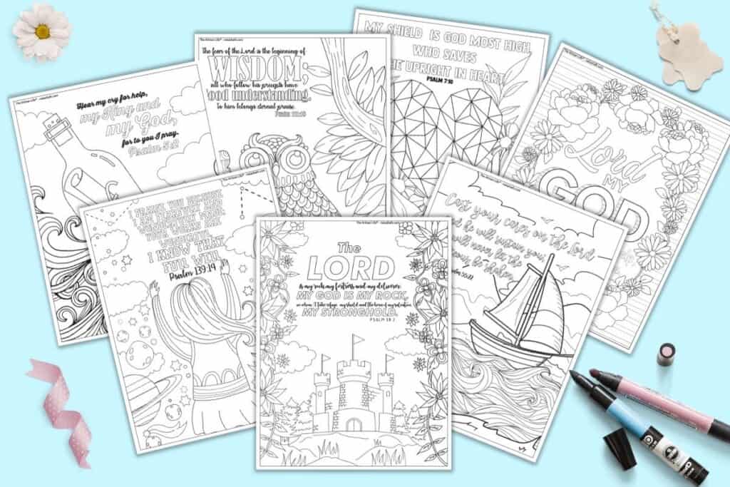 A preview of seven printable Pslams coloring pages for adults. Each page has a detailed image to color and a Psalms quotation.