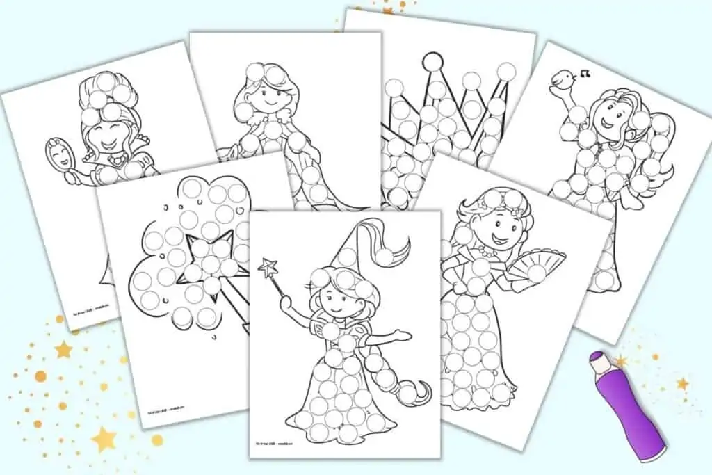 A preview of seven printable princess themed dot marker coloring sheets. Five pages have a princess, one has a wand, and one has a crown.