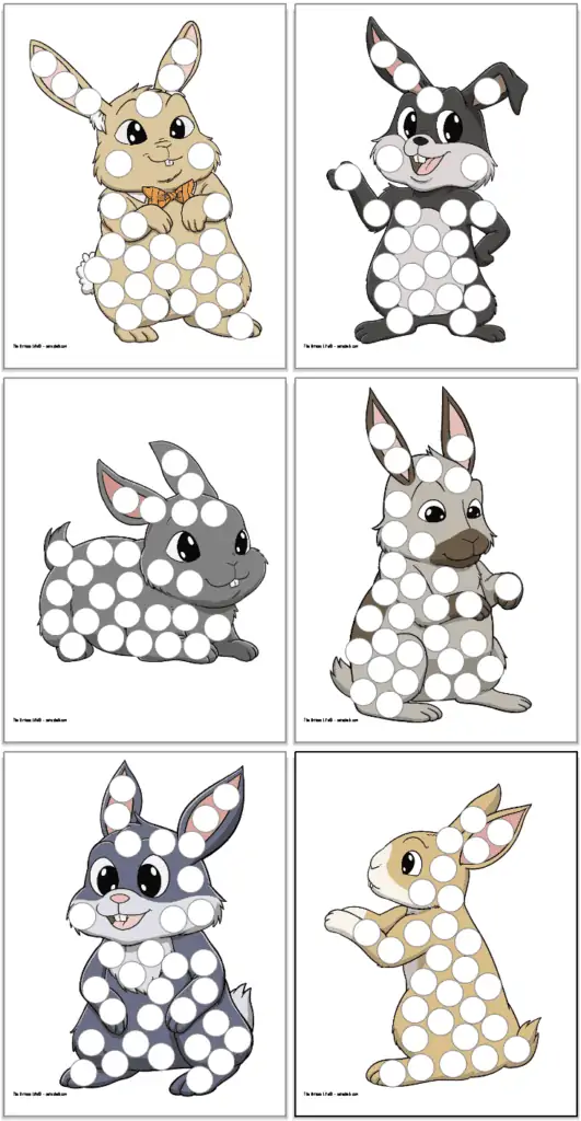 A preview of six colorful bunny dab it marker pages. They are shown in a 2x3 layout. Each page has a large, colored bunny with white circles to dot in using a bingo-style marker.