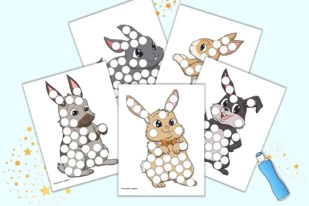 A preview of five colorful bunny dab it dot marker pages. Each page has a large, colored bunny with white circles to fill in using a dauber marker.