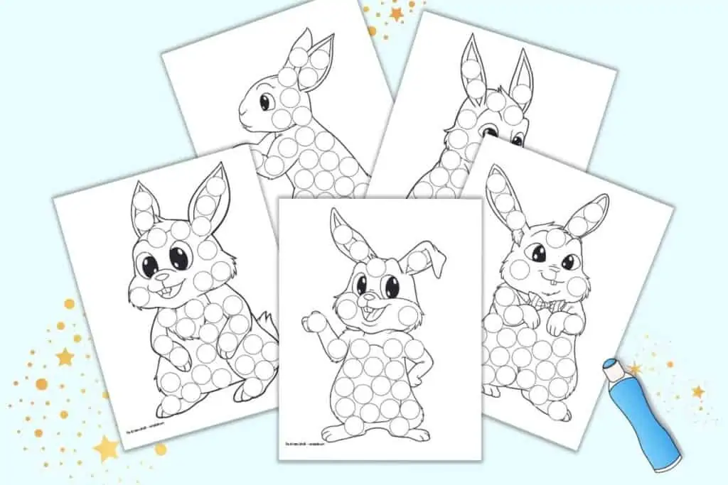A preview of five black and white bunny dot marker coloring pages. Each page has a large, cute rabbit cover with circles to fill in using a dauber marker.