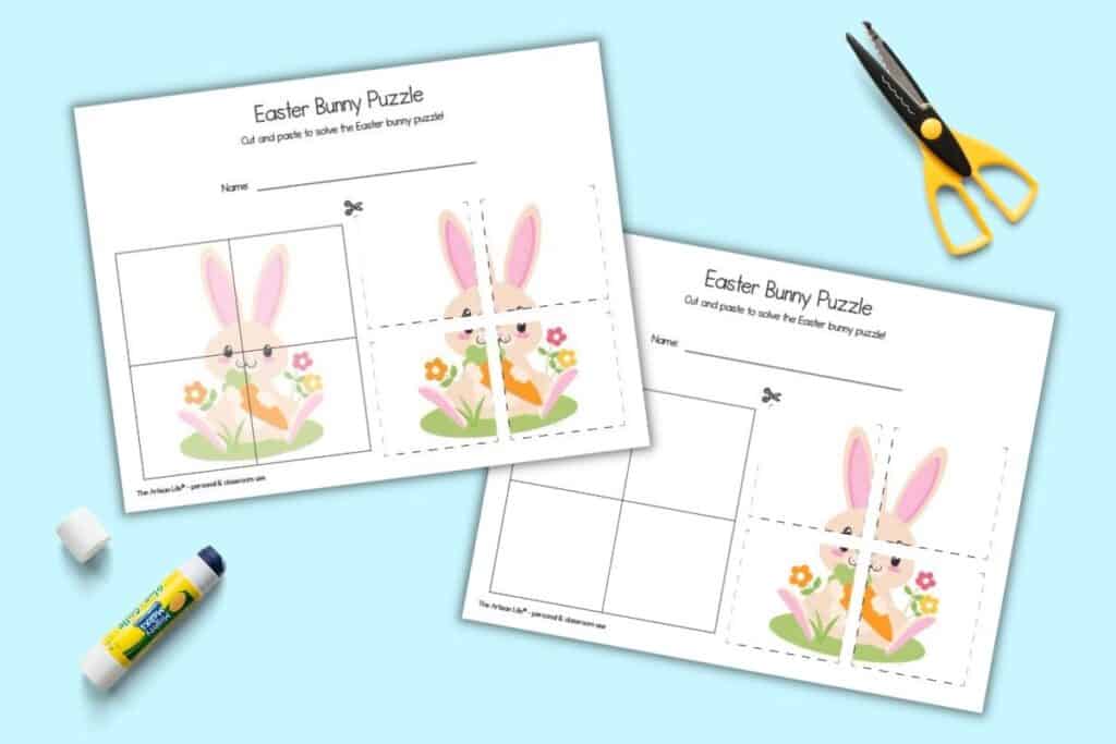 A preview of two cut and paste Easter bunny puzzles with four pieces. One page has a hint image in the background of the solutions area, the other area just has four puzzle pieces to cut out and place on  bank grid.