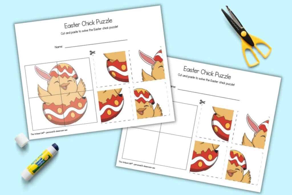 A preview of two sheets of four part puzzle for preschoolers. Both pages have a cute Eater chick hatching from an egg. The pages are shown with a glue stick and a pair of scissors with yellow handles.